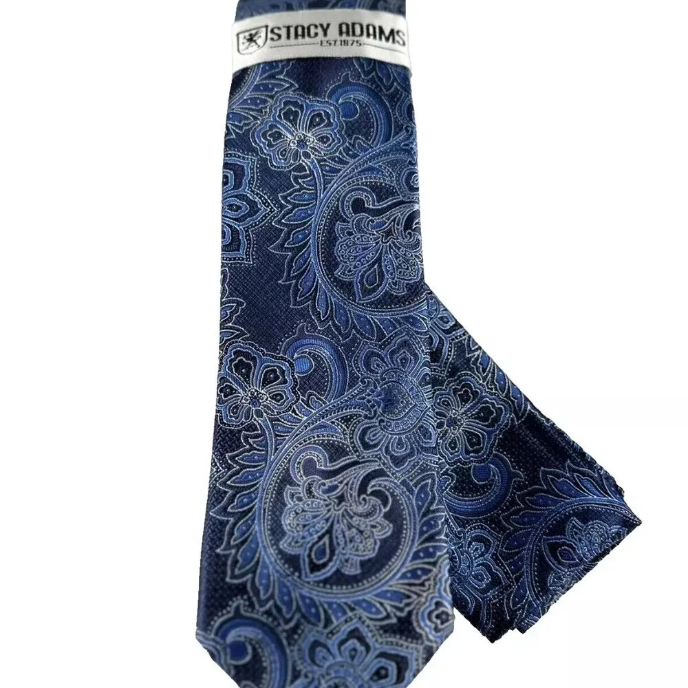 Stacy Adams Men's Tie & Hanky Navy Blue Royal Blue Silver Paisley 3.25